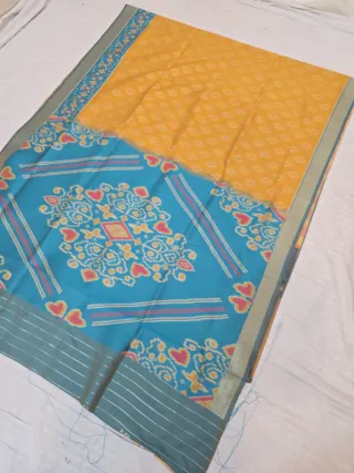 Marigold Yellow Patola and Cyan Blue Contrast Medallion Pallu Pure Silk Saree
