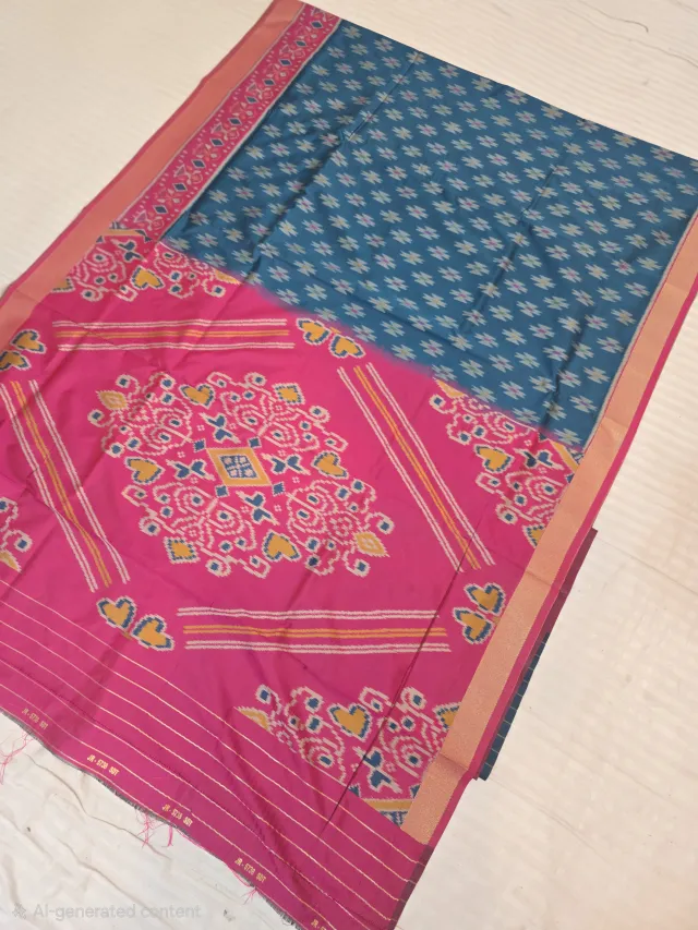 Slate Teal Patola and Rani Pink Contrast Medallion Pallu Pure Silk Saree