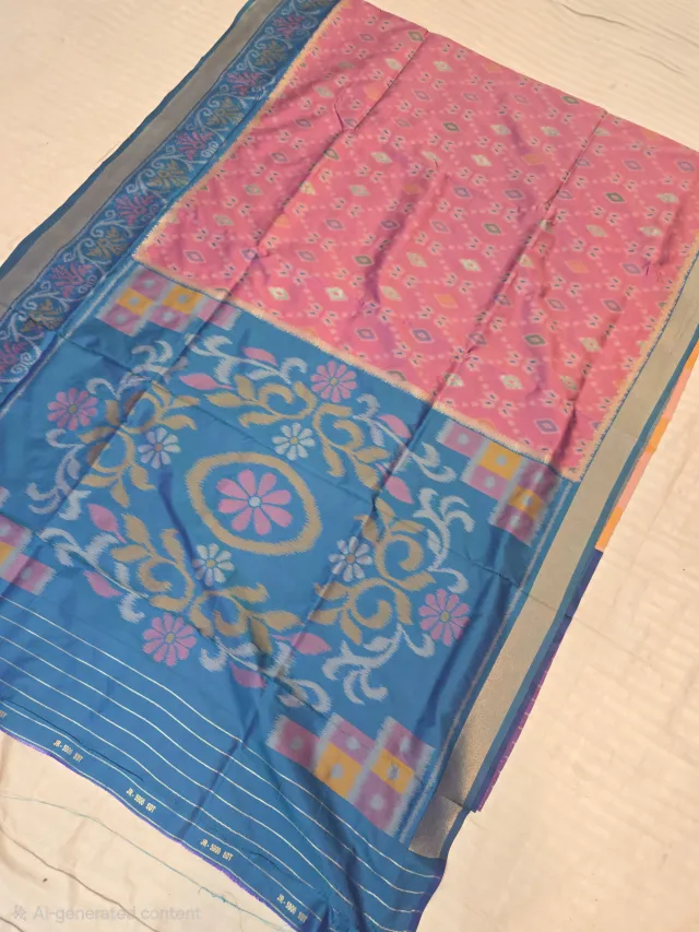 Blush Pink Patola and Cerulean Blue Contrast Medallion Pallu Pure Silk Saree