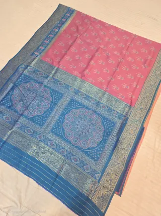 Rose Pink and Cerulean Blue Contrast Mandala Pallu Pure Silk Saree