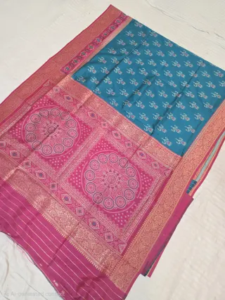 Peacock Teal Blue and Rani Pink Contrast Mandala Pallu Pure Silk Saree