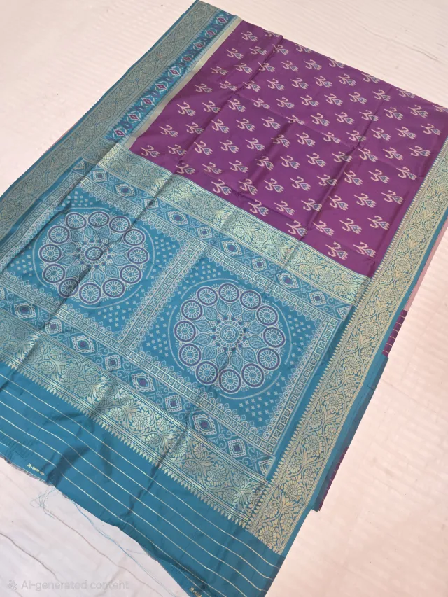 Plum Purple and Cerulean Blue Contrast Mandala Pallu Pure Silk Saree