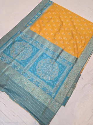 Marigold Yellow and Cerulean Blue Contrast Mandala Pallu Pure Silk Saree