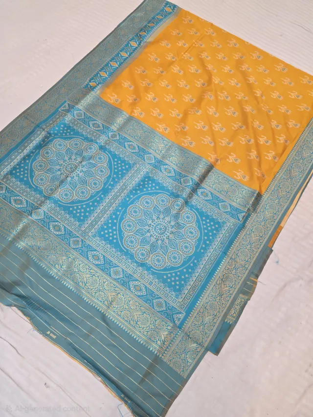 Marigold Yellow and Cerulean Blue Contrast Mandala Pallu Pure Silk Saree