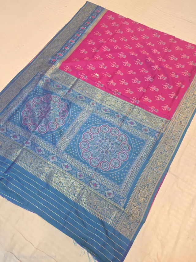Rani Pink and Cerulean Blue Contrast Mandala Pallu Pure Silk Saree