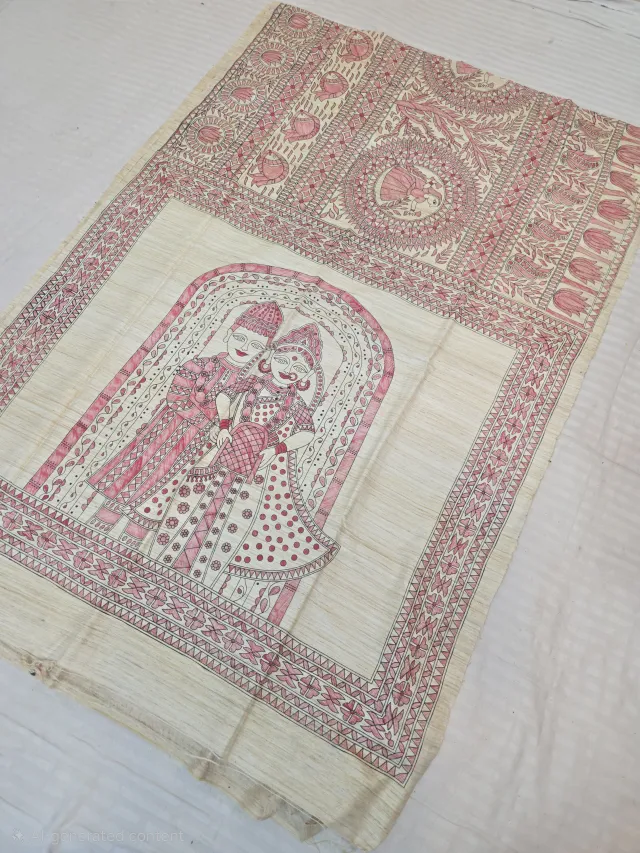 Natural Cream Pure Ghicha Tussar Silk Saree with Hand-Painted Madhubani Radha Krishna Mural Pallu
