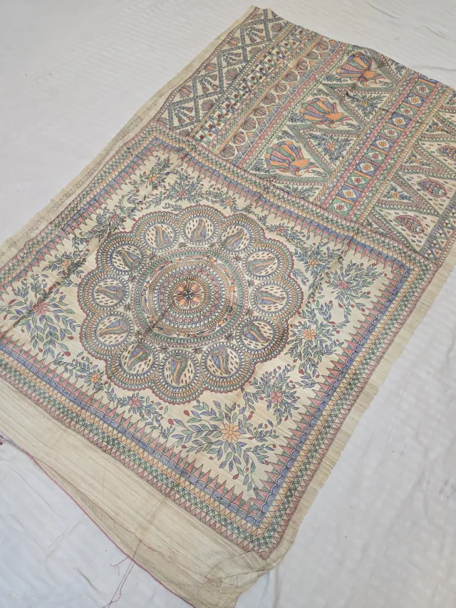 Natural Cream Pure Ghicha Tussar Silk Saree with Hand-Painted Madhubani Cosmic Mandala Pallu