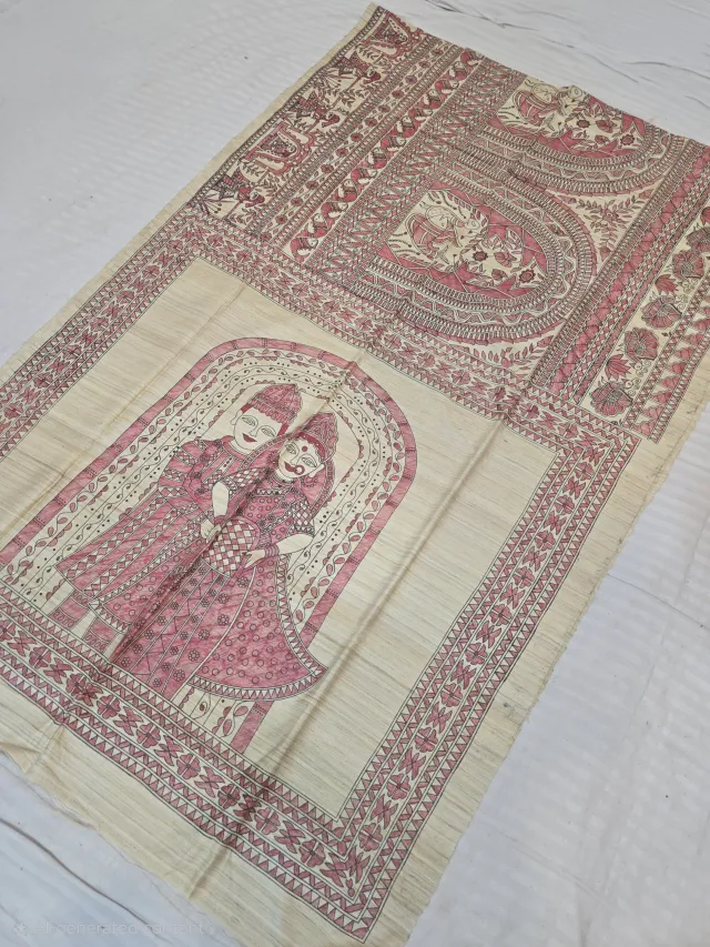 Natural Cream Pure Ghicha Tussar Silk Saree with Hand-Painted Madhubani Radha Krishna Mural and Peacock Pallu