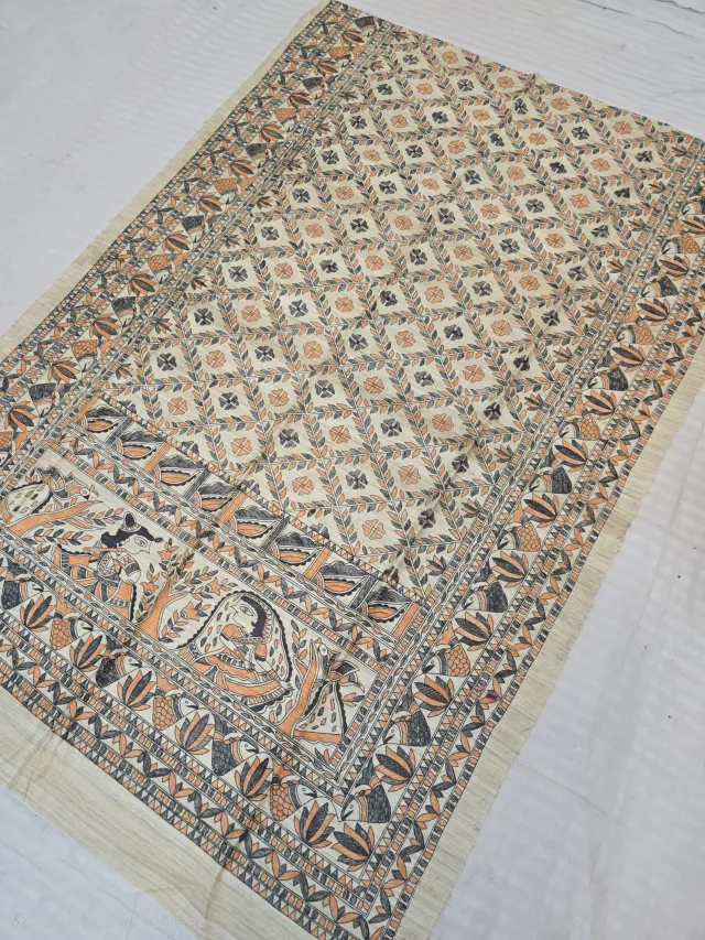 Natural Cream Pure Ghicha Tussar Silk Saree with Hand-Painted Madhubani Trellis and Krishna Flute Pallu