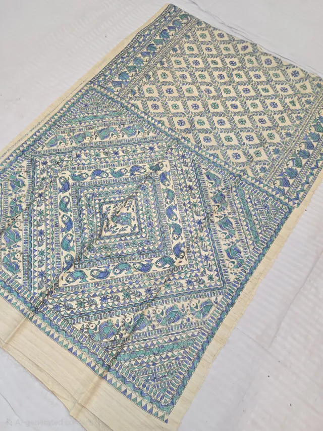 Natural Cream Pure Ghicha Tussar Silk Saree Trellis and Concentric Matsya Mandala Pallu