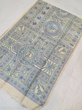 Natural Cream Pure Ghicha Tussar Silk Saree with Hand-Painted Madhubani Gopi Mandala Pallu