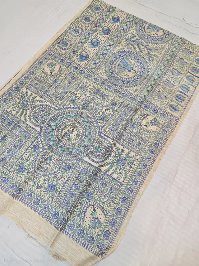 Natural Cream Pure Ghicha Tussar Silk Saree with Hand-Painted Madhubani Gopi Mandala Pallu