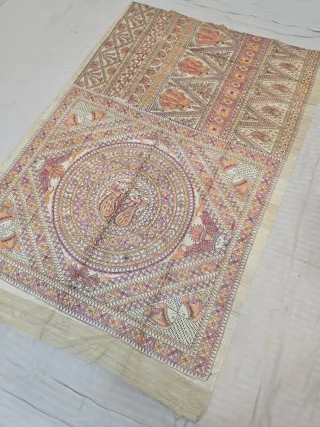 Natural Cream Pure Ghicha Tussar Silk Saree with Hand-Painted Madhubani Mayur Mandala and Fish Pallu