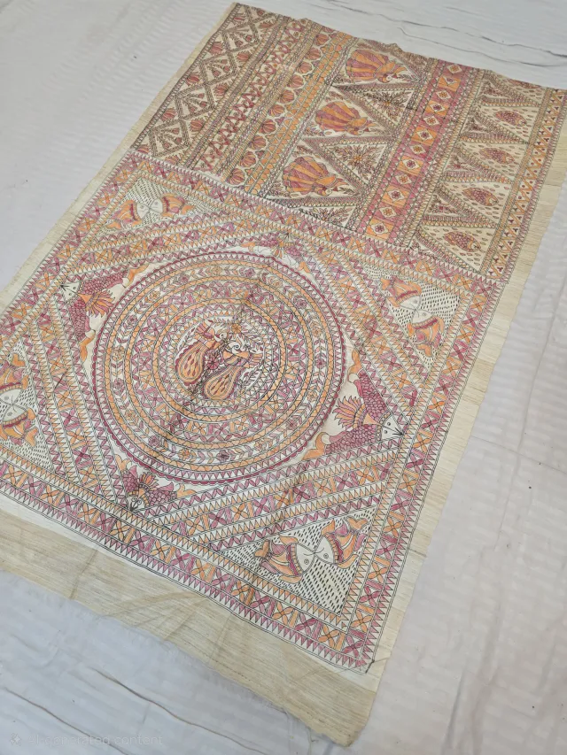 Natural Cream Pure Ghicha Tussar Silk Saree with Hand-Painted Madhubani Mayur Mandala and Fish Pallu