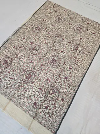 Natural Cream Pure Ghicha Tussar Silk Saree with All-Over Hand-Painted Madhubani Jungle Jaal and Folk Medallions