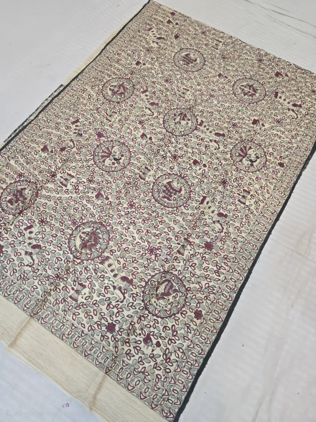Natural Cream Pure Ghicha Tussar Silk Saree with All-Over Hand-Painted Madhubani Jungle Jaal and Folk Medallions