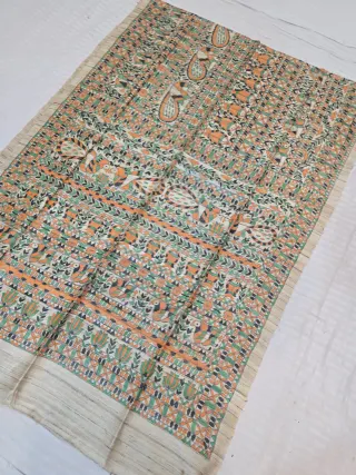Natural Cream Pure Ghicha Tussar Silk Saree with Hand-Painted Madhubani Bird and Fish Registers Pallu