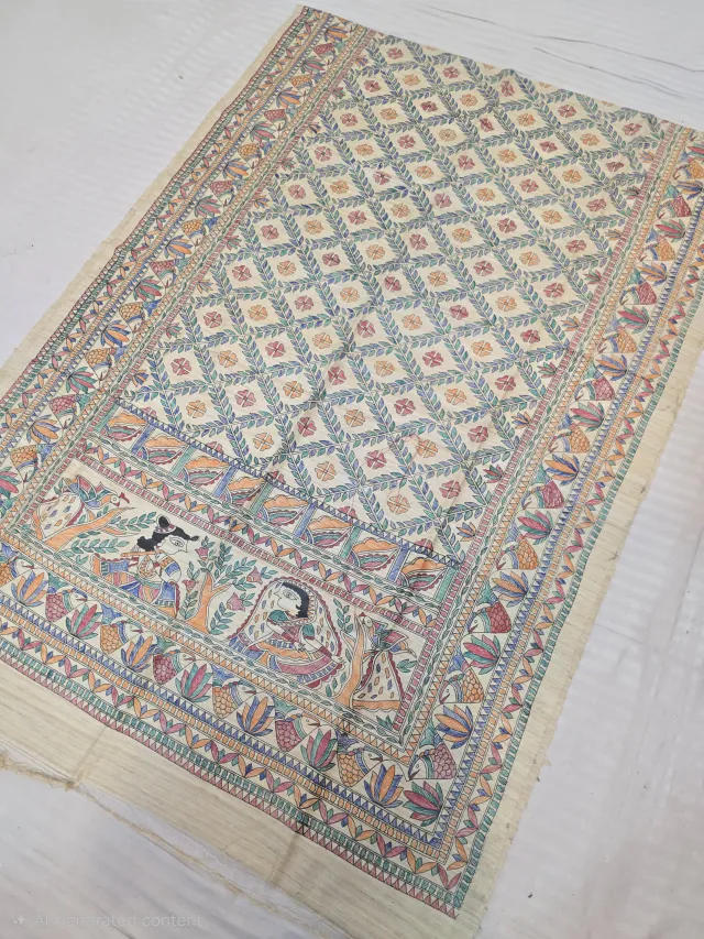 Natural Cream Pure Ghicha Tussar Silk Saree with Hand-Painted Multi-Colour Madhubani Trellis and Krishna Flute Pallu