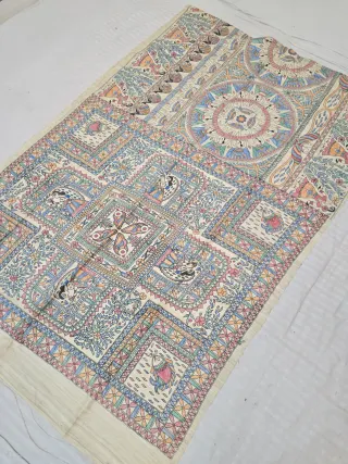 Natural Cream Pure Ghicha Tussar Silk Saree with Hand-Painted Madhubani Grid Vignettes and Folk Mandala Pallu