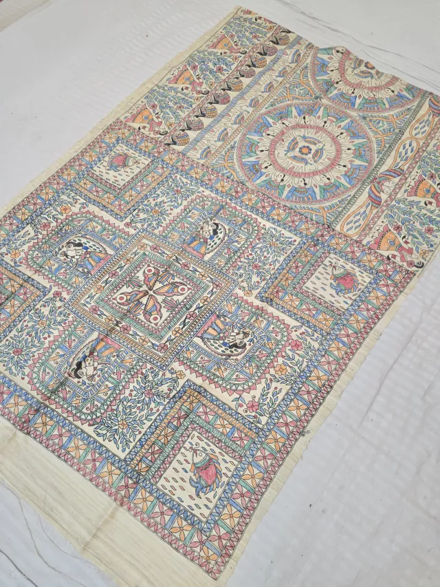Natural Cream Pure Ghicha Tussar Silk Saree with Hand-Painted Madhubani Grid Vignettes and Folk Mandala Pallu