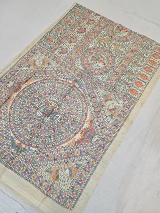 Natural Cream Pure Ghicha Tussar Silk Saree with Hand-Painted Multi-Colour Mayur Mandala and Gopi Pallu