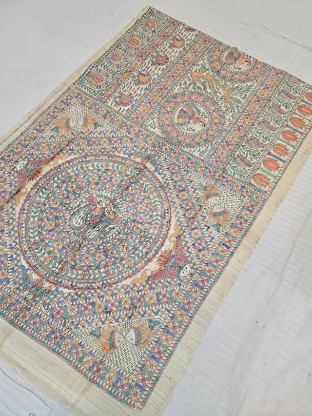 Natural Cream Pure Ghicha Tussar Silk Saree with Hand-Painted Multi-Colour Mayur Mandala and Gopi Pallu