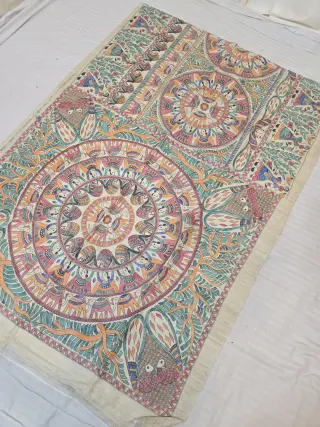 Natural Cream Pure Ghicha Tussar Silk Saree with Hand-Painted Madhubani Elephant and Fish Cosmic Mandala Pallu