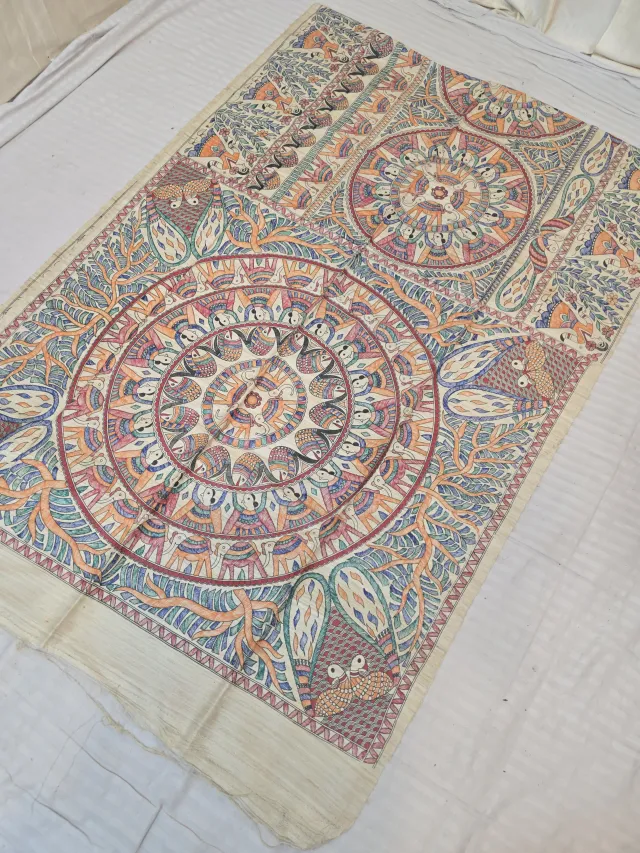 Natural Cream Pure Ghicha Tussar Silk Saree with Hand-Painted Madhubani Elephant and Fish Cosmic Mandala Pallu