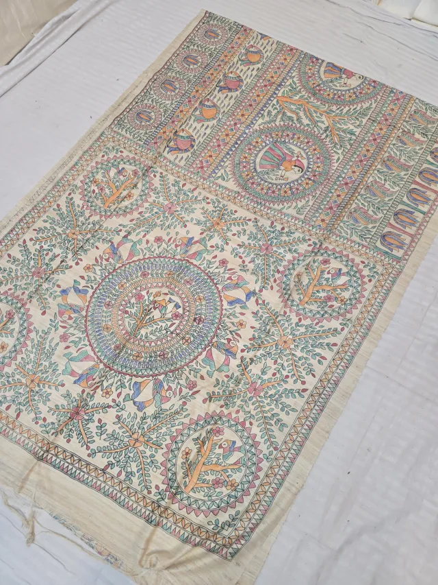 Natural Cream Pure Ghicha Tussar Silk Saree with Hand-Painted Madhubani Tree of Life Mandala and Gopi Pallu