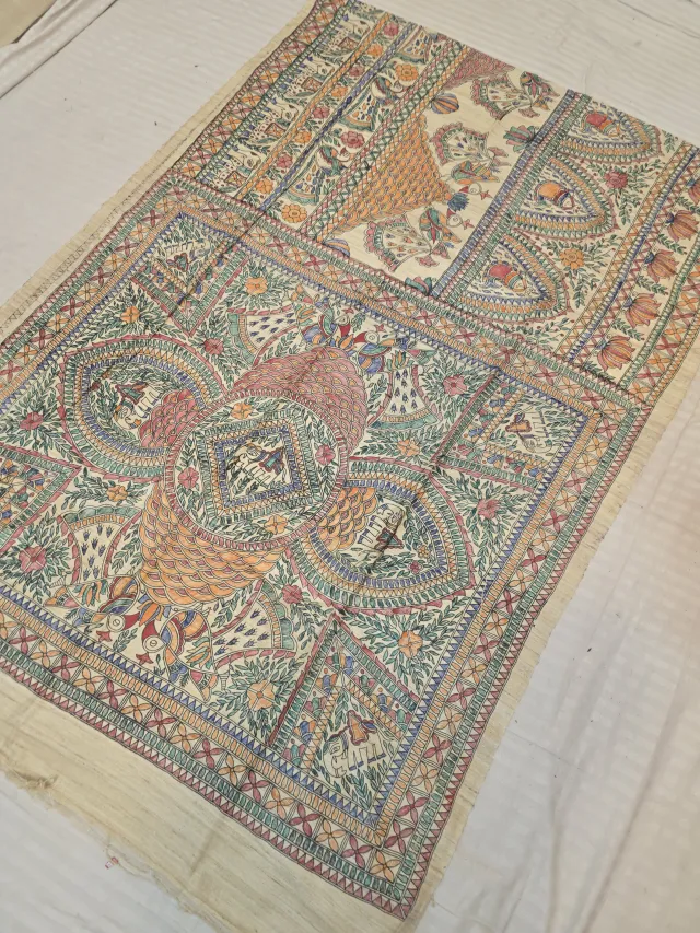 Natural Cream Pure Ghicha Tussar Silk Saree with Hand-Painted Madhubani Elephant Medallion and Temple Pallu