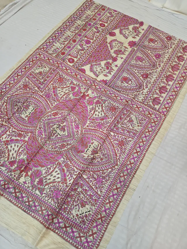 Natural Cream Pure Ghicha Tussar Silk Saree with Hand-Painted Pink Madhubani Elephant Medallion and Temple Pallu