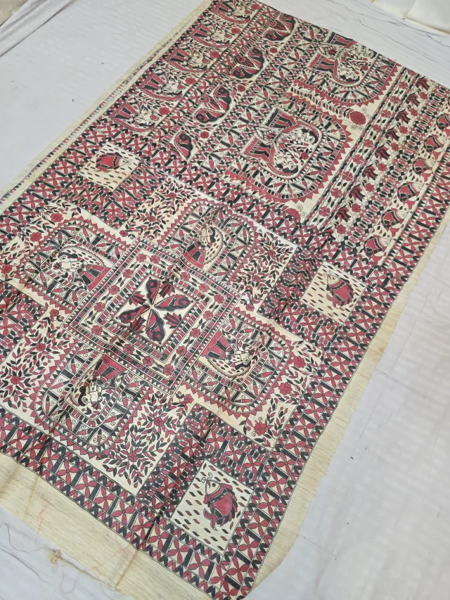 Natural Cream Pure Ghicha Tussar Silk Saree with Hand-Painted Madhubani Grid Vignettes and Radha Krishna Pallu