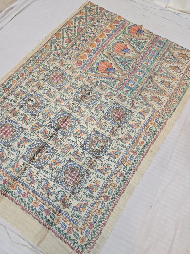 Natural Cream Pure Ghicha Tussar Silk Saree with Hand-Painted Madhubani Folk Medallion Grid and Bird Pallu