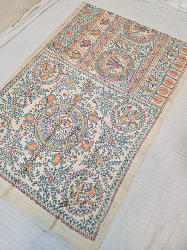 Natural Cream Pure Ghicha Tussar Silk Saree with Hand-Painted Madhubani Tree of Life Mandala and Gopi Pallu