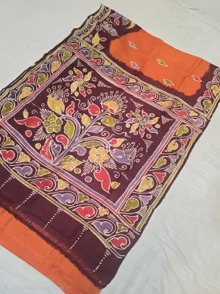 Tangerine Orange and Plum Wine Pure Murshidabad Silk Saree
