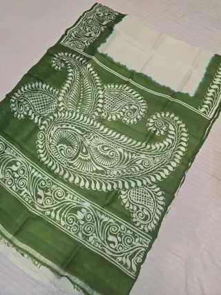 Ivory Cream and Moss Green Pure Murshidabad Silk Saree