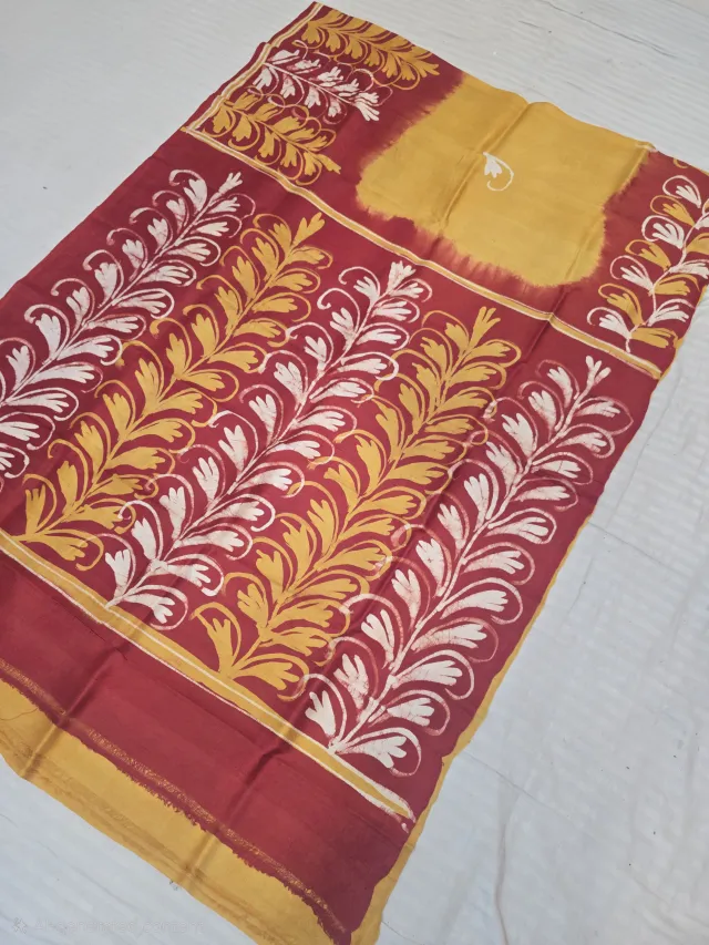 Mustard Yellow and Deep Maroon Pure Murshidabad Silk Saree