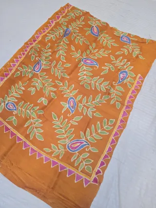 Mustard Orange Pure Murshidabad Silk Saree with Handcrafted Batik Leaf Sprigs