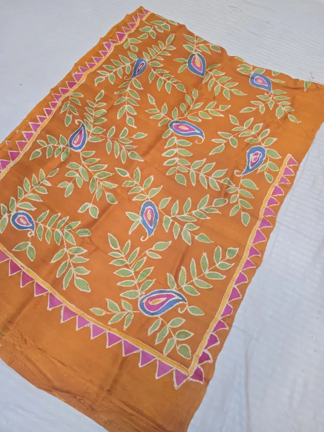 Mustard Orange Pure Murshidabad Silk Saree with Handcrafted Batik Leaf Sprigs