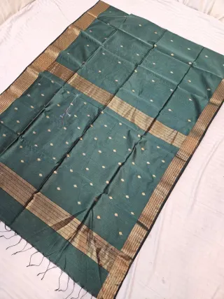 Bottle Green Woven Zari Buti Maheshwari Pure Silk Saree