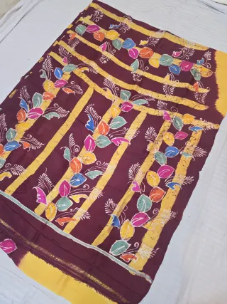 Mustard Yellow and Oxblood Wine Pure Murshidabad Silk Saree