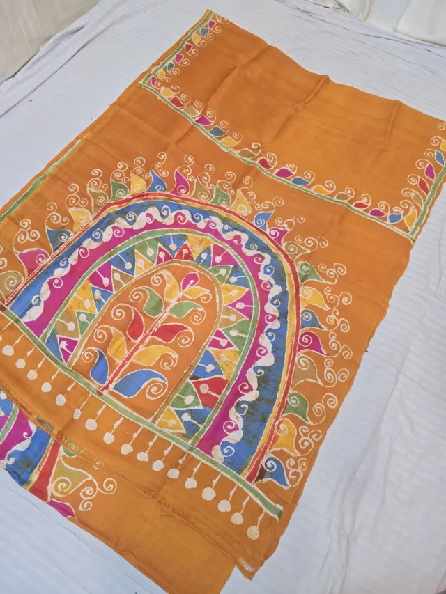 Mustard orange Pure Murshidabad Silk Saree with Handcrafted Multi-Colour Batik Sacred Arch Pallu