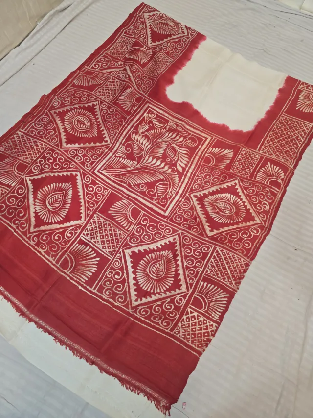 Ivory Cream and Crimson Red Pure Murshidabad Silk Saree