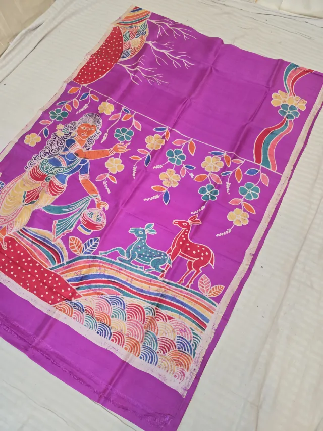 Orchid Purple Pure Murshidabad Silk Saree with Handcrafted Batik Maiden & Deer Pastoral Pallu