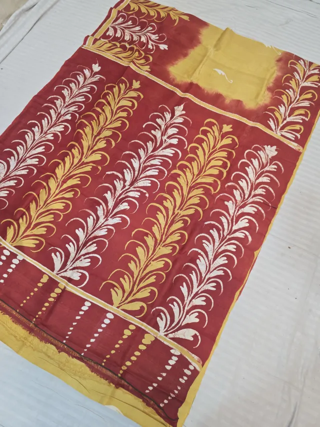 Mustard Yellow and Crimson Red Pure Murshidabad Silk Saree