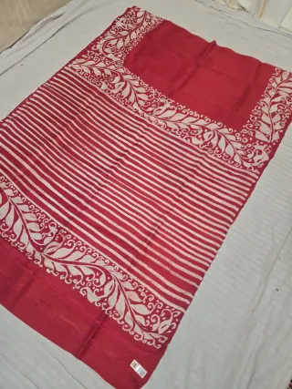 Crimson Red Pure Murshidabad Silk Saree with Handcrafted Batik Linear Stripes & Foliage Scroll Pallu