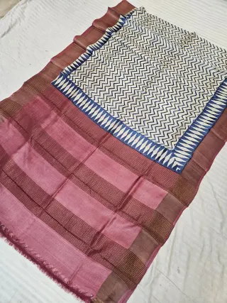 Dusty Berry Pink Pure Gachi Tussar Silk Saree with Indigo Zig-Zag Block Print Pallu