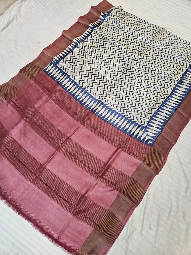 Dusty Berry Pink Pure Gachi Tussar Silk Saree with Indigo Zig-Zag Block Print Pallu