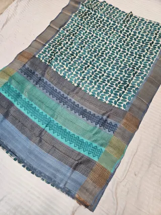 Slate Blue Pure Gachi Tussar Silk Saree with Teal Botanical Block Print Pallu