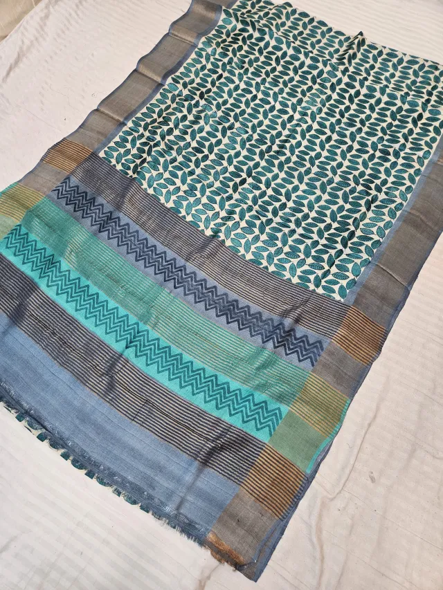 Slate Blue Pure Gachi Tussar Silk Saree with Teal Botanical Block Print Pallu
